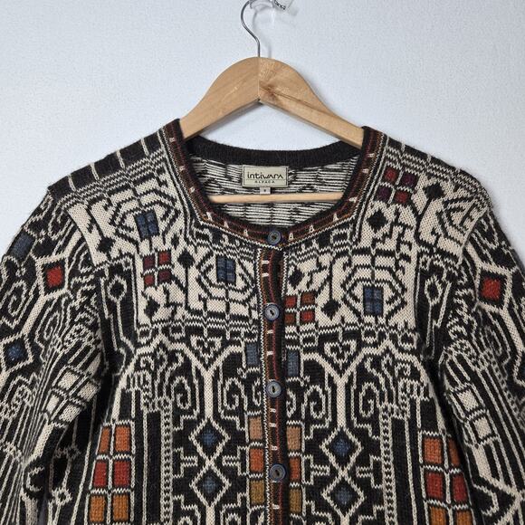 Intiwara 100% Alpaca Cardigan S Multicolor Geo Print Button Front Hand Made - Picture 2 of 13